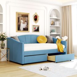 Twin Size Upholstered Daybed With Two Drawers And Slat - Blue