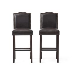 Bar Stools (Set of 2), Upholstered Barstools Armless, Rubber Wood Leg - Brown