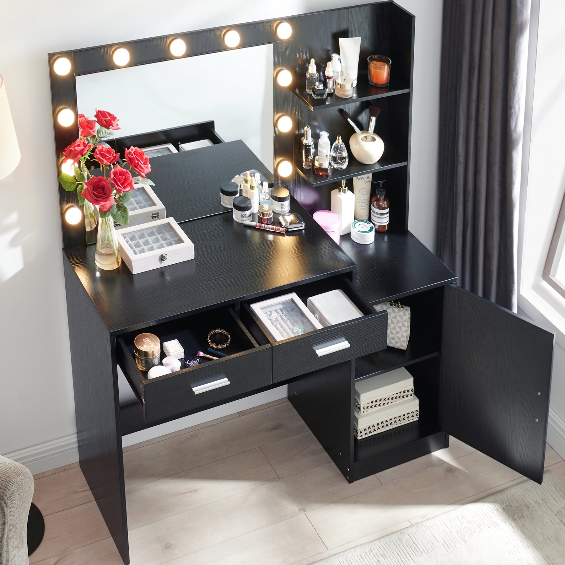 Vanity Desk With Mirror And Lights, 46.4In Dressing Table With 2 Large Drawer & Large Vertical Organizer, 3 Level Dresser & 3 Lighting Modes Adjustable Brightness, Suitable For Bedroom - Black - Image 6