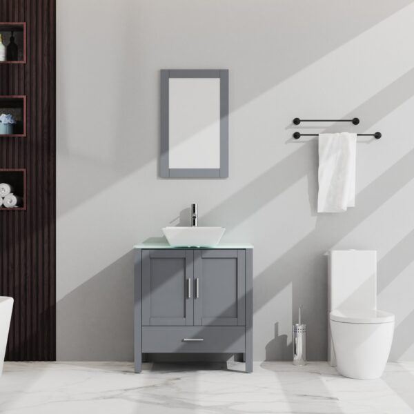 Bathroom Vanity And Sink Combo Glass Top Cabinet With Mirror - Gray