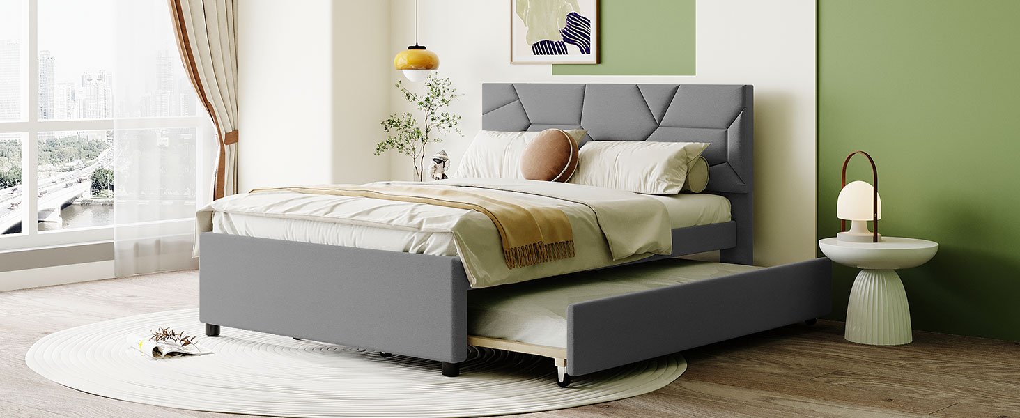 Full Size Upholstered Platform Bed With Brick Pattern Headboard And Twin Size Trundle - Gray - Image 11