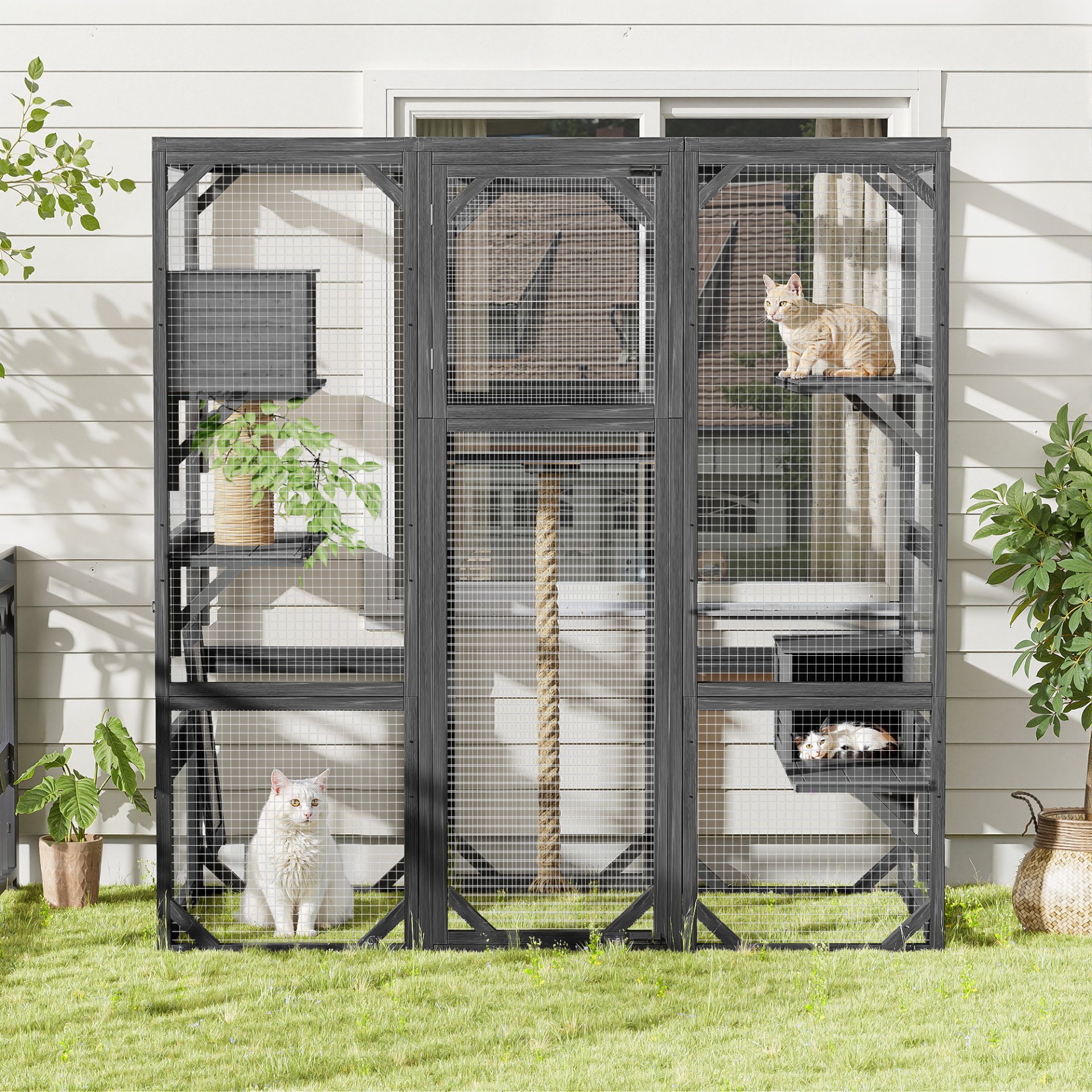 Outdoor Diy Cat House Catio With Double Enter Doors, Platforms, And Condos - Dark Gray - Image 4
