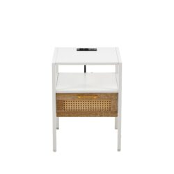 Rattan End Table With Power Outlet & USB Ports, Modern Nightstand With Drawer And Metal Legs, Side Table For Living Room, Bedroom (Set of 2) - White