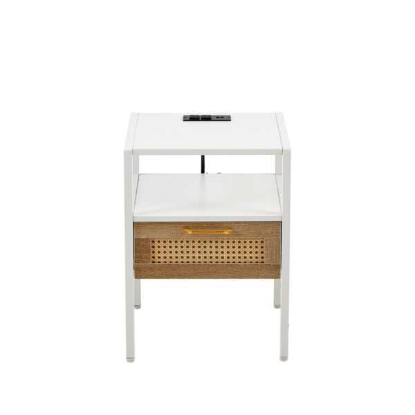 Rattan End Table With Power Outlet & USB Ports, Modern Nightstand With Drawer And Metal Legs, Side Table For Living Room, Bedroom (Set of 2) - White