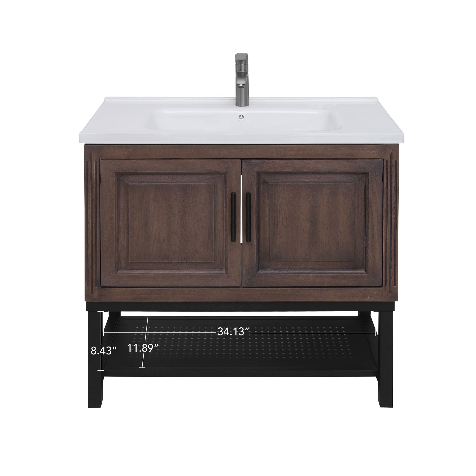 Modern Freestanding 36" Bathroom Vanity With Ceramic Sink, Hot And Cold Faucet, 2 Door Cabinet & Open Iron Shelf - Walnut - Image 7
