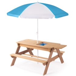 3-In-1 Kids Outdoor Wooden Picnic Table With Umbrella, Convertible Sand & Water, ASTM & CPSIA Certification - Natural Wood