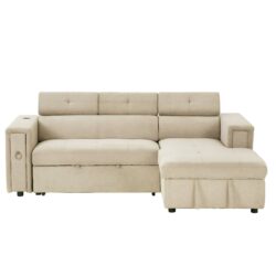 Multi-Functional Pull-Out Sofa Bed L-Shape Sectional Sofa With Adjustable Headrest, Wireless Charging, Cup Holders And Hidden Storage For Living Room - Beige