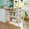 Solid Wood Rustic 3 Piece Stationary Kitchen Island Set With 2 Seatings, Rubber Wood Butcher Block Dining Table Set Prep Table Set With 2 Open Shelves For Small Places - Walnut / Cream White - Image 5