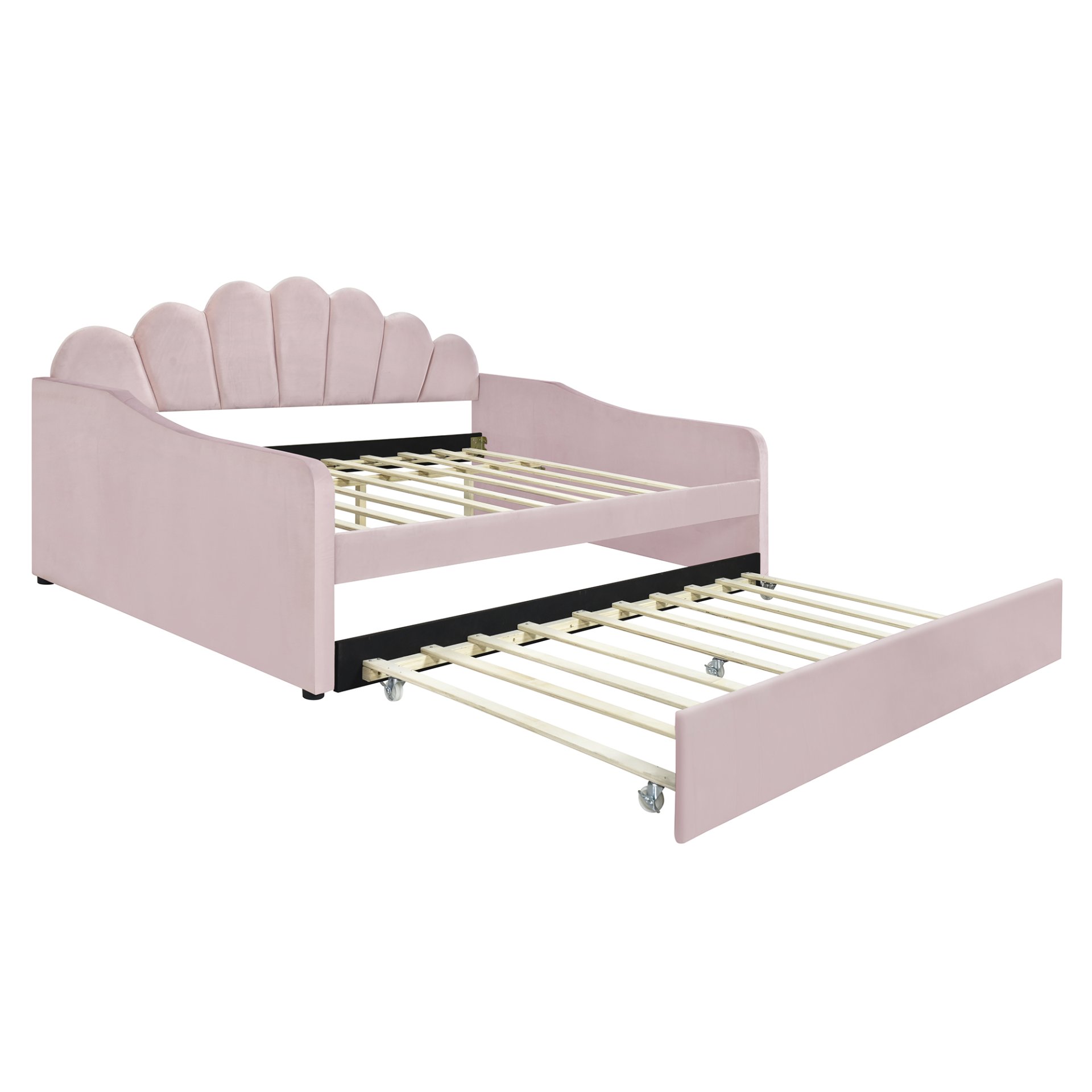 Full Size Upholstery Daybed Frame With Shell Shaped Backrest And Trundle - Pink - Image 6