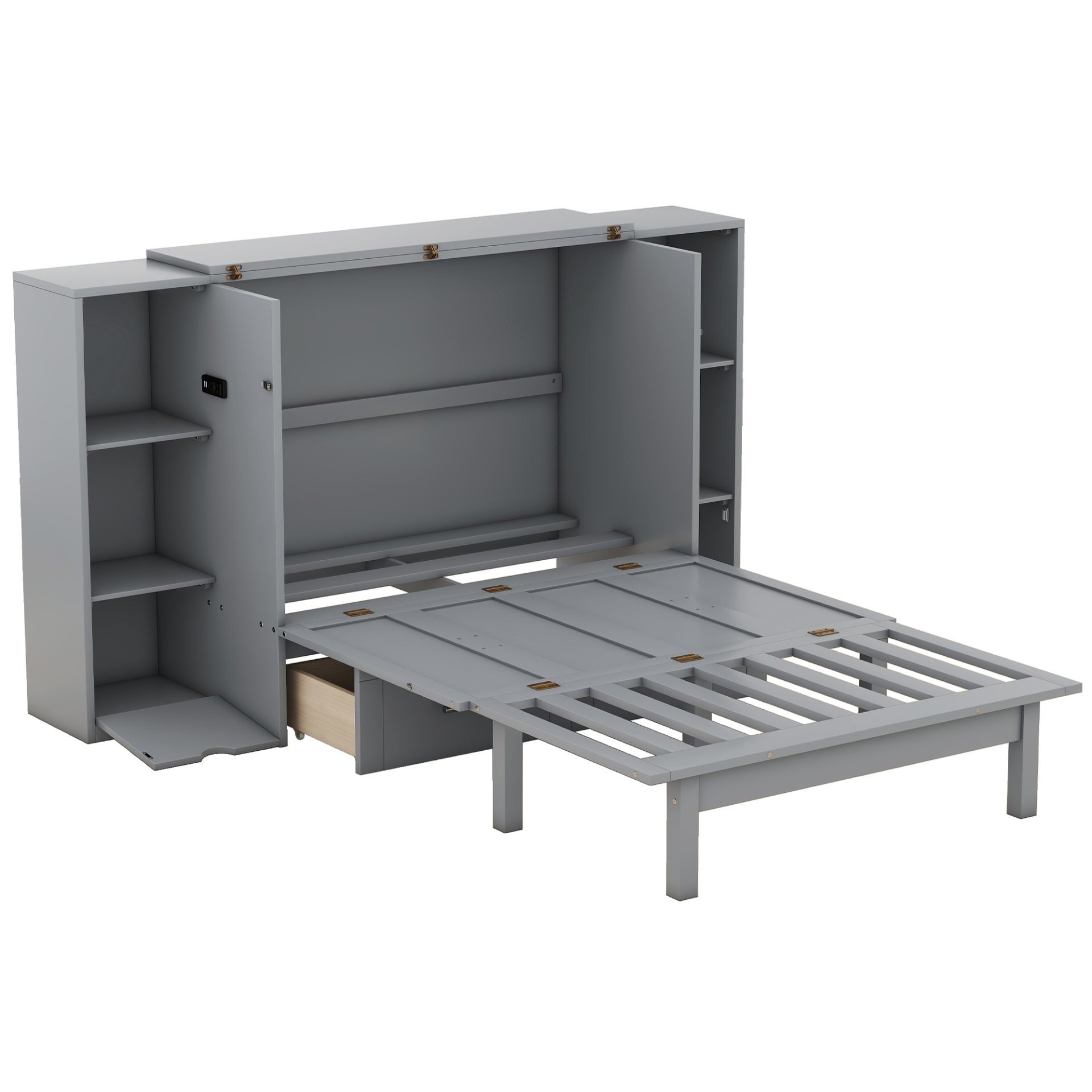 Queen Size Murphy Bed With Shelves, Drawers And USB Ports - Gray - Image 6