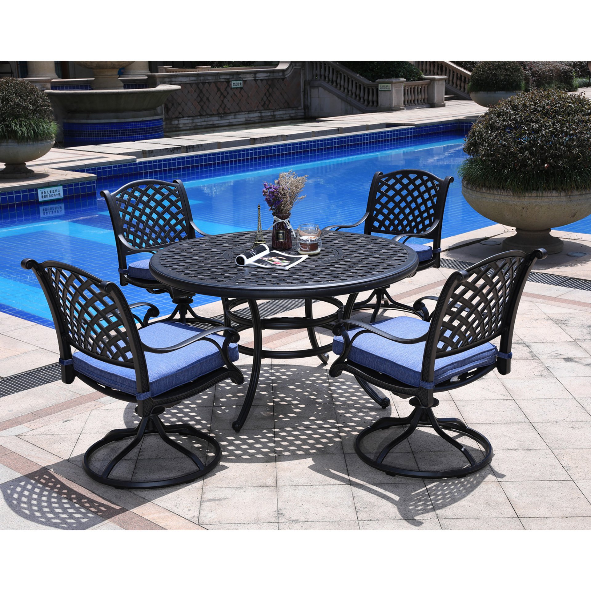 Round 4 Person 51.97" Long Powder Coated Aluminum Dining Set With Navy Blue Cushions - Antique Navy Blue - Image 3