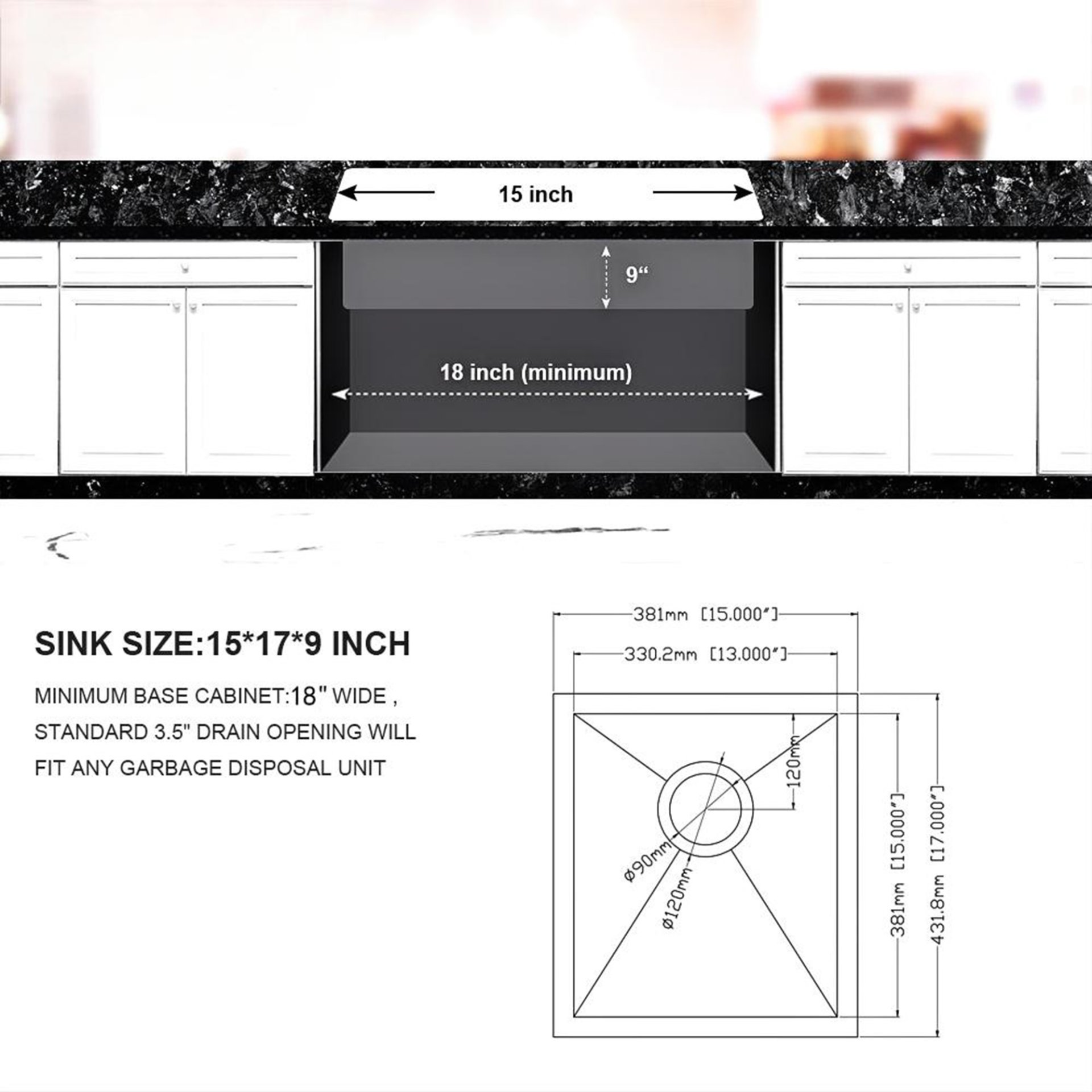 15" Undermount Kitchen Sink, 16 Gauge, 9" Deep Single Bowl Basin - Brushed Nickel - Image 3
