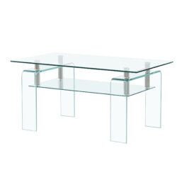Rectangle Clear Glass Coffee Table, Modern Glass Coffee Table For Living Room, 2 Tier Storage Center Coffee Table, Tempered Glass Tea Table - Transparent