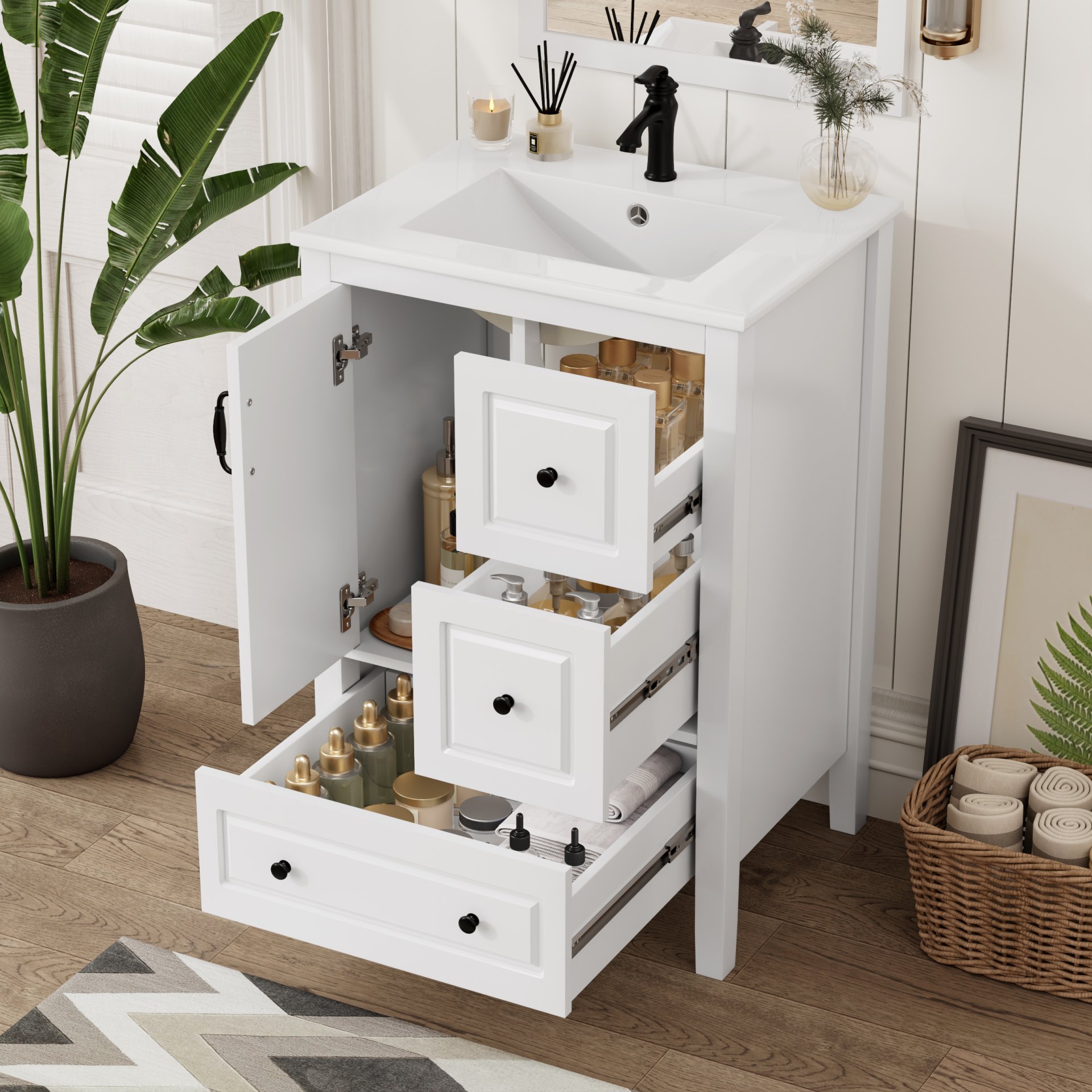 Retro Bathroom Vanity With Sink, Soft Closing Cabinet & Drawers - White - Image 4