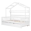 Twin Size House Bed With Trundle, Kids Bed With Shelf - White - Image 5