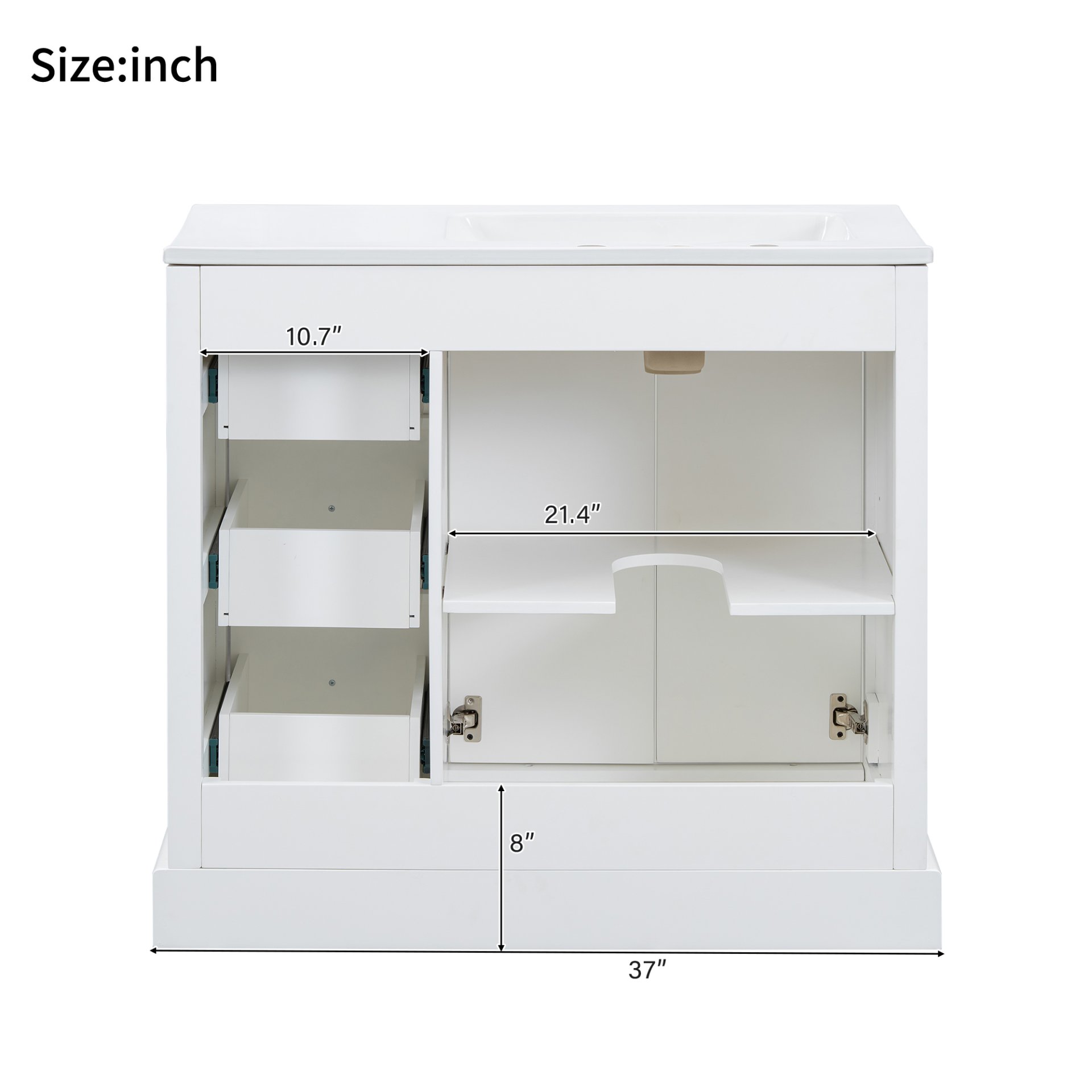 36" Transitional Bathroom Vanity With Sink, Soft Close Doors, Adjustable U Shelf, 3 Drawers - White - Image 12
