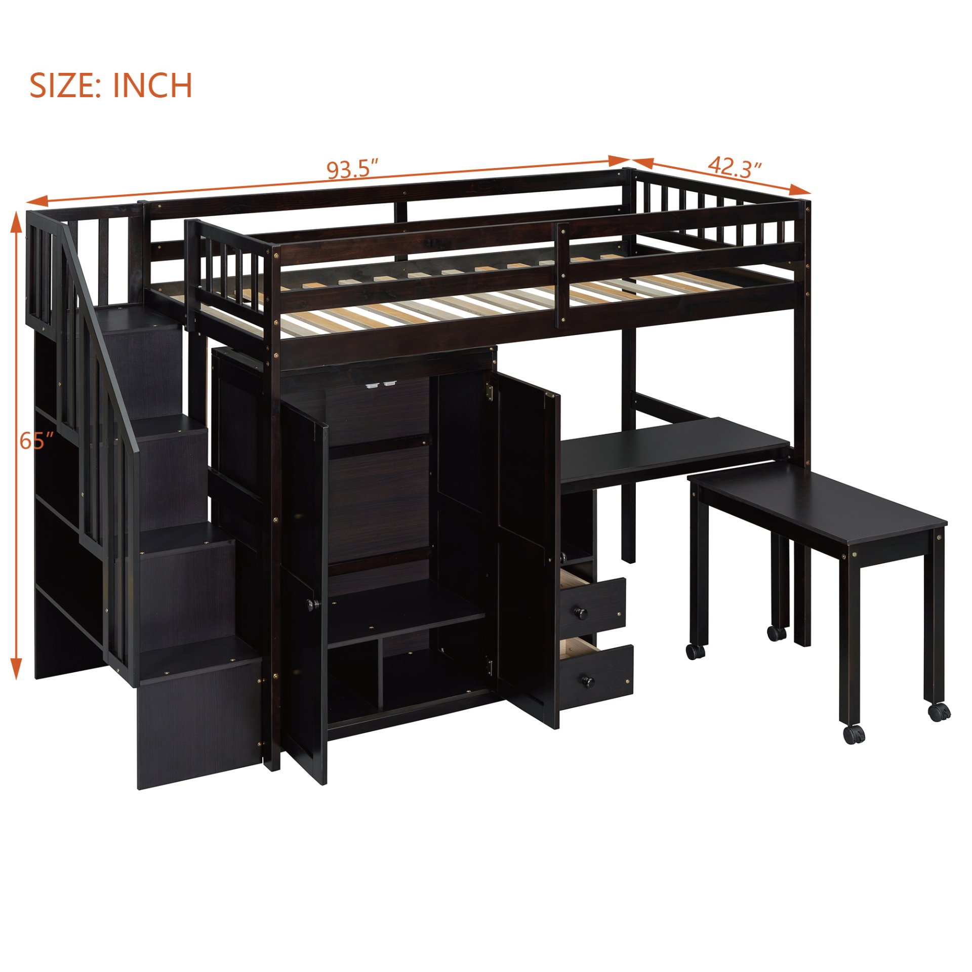 Twin Size Loft Bed With Stairs, Bookshelf, Drawers, Desk & Wardrobe, Space Saving Multifunctional Furniture - Espresso - Image 7