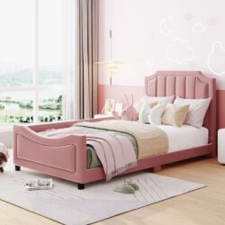 Twin Size Upholstered Daybed With Classic Stripe Shaped Headboard - Pink