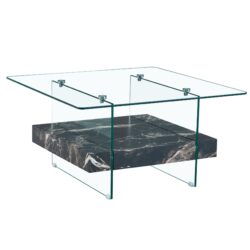 Modern 2 Tier Square Coffee Table Elegant Clear Glass And Marble Pattern - Black / Transparent