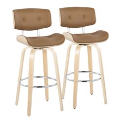 Lombardi - Mid-Century Modern Fixed Height Barstool With Swivel With Round Footrest (Set of 2) - Natural / Camel