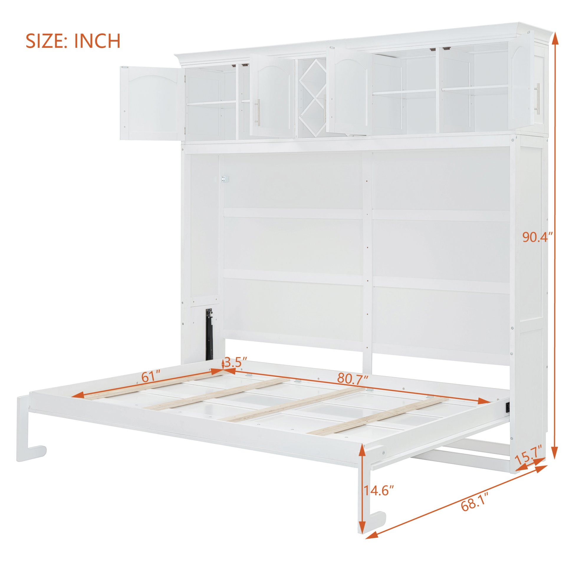Queen Size Murphy Wall Bed With Top Cabinets & Wine Rack - White - Image 4