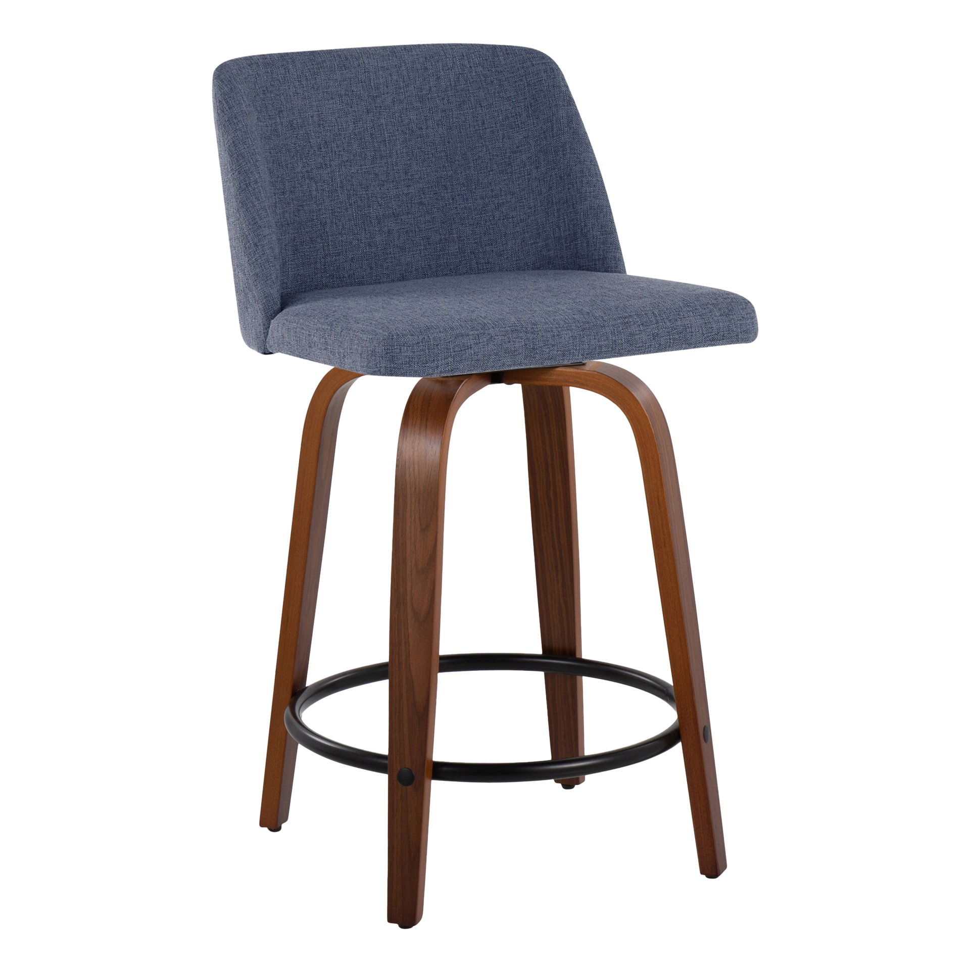 Toriano - Mid-Century Modern Fixed Height Counter Stool & Swivel With Round Footrest (Set of 2) - Walnut / Blue - Image 2