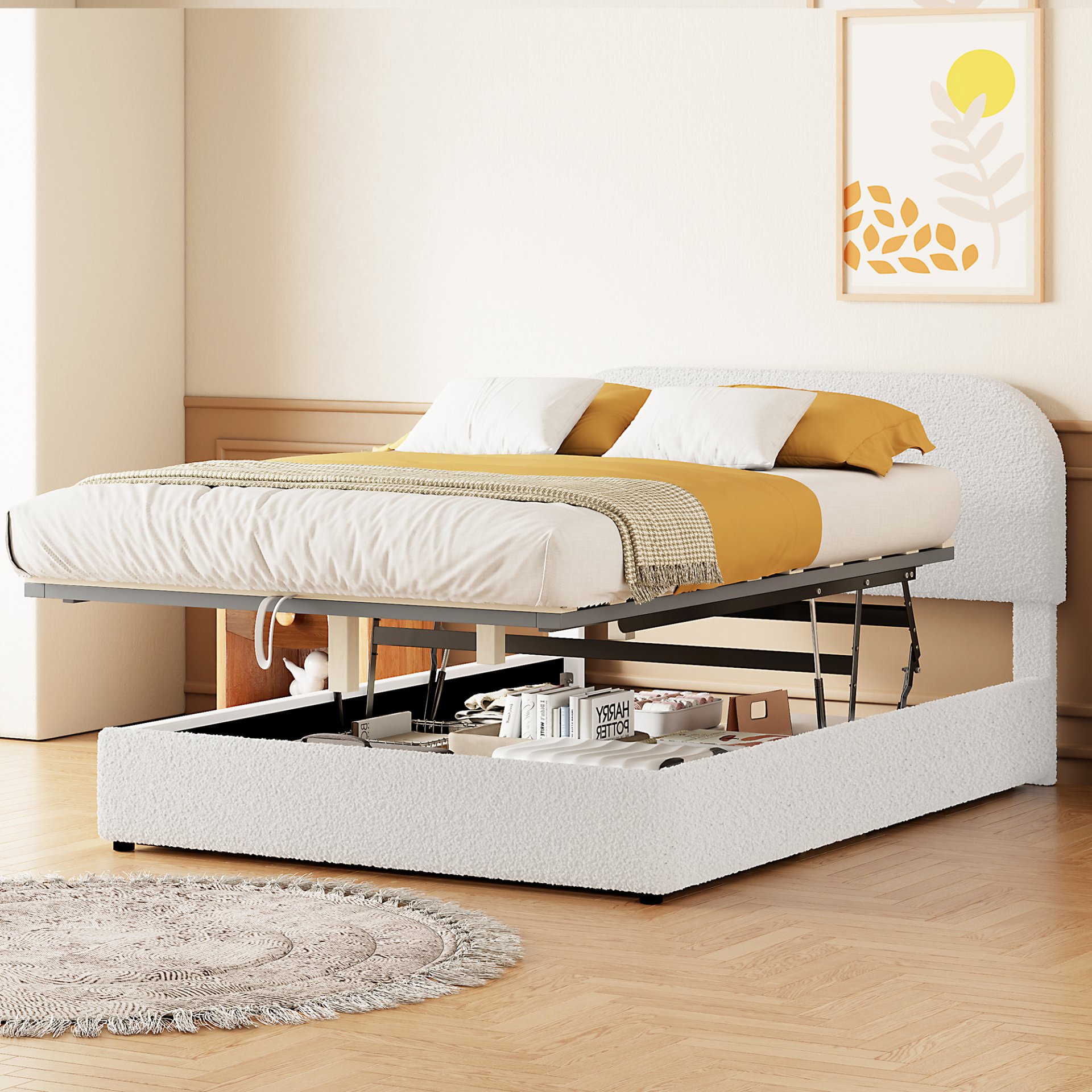 Full Size Upholstered Platform Bed With Hydraulic Storage System - White - Image 2
