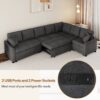 L-Shaped Sofa Convertible Sofa Bed Pull Out Sofa Sleeper With Two Back Pillows, Two USB Ports And Two Power Sockets For Living Room - Gray - Image 6
