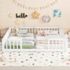 Double Twin Floor Bed With Fence, Guardrails, Without Door - White - Image 3
