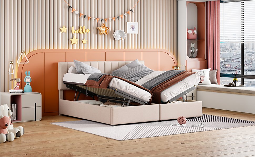 King Size Upholstered Platform Bed With A Hydraulic Storage System - Beige - Image 15
