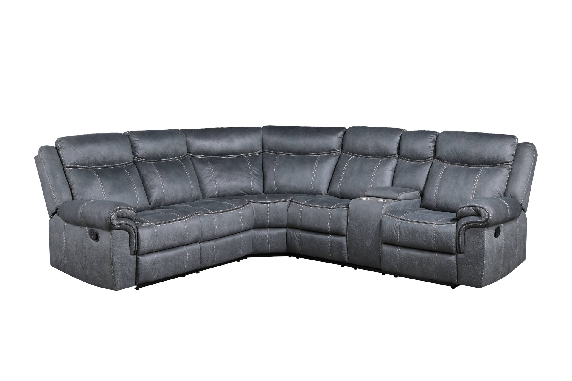 Dollum - Two Tone Nubuck Manual Recliner Sectional Sofa With USB Port Cupholder Console - Gray - Image 2