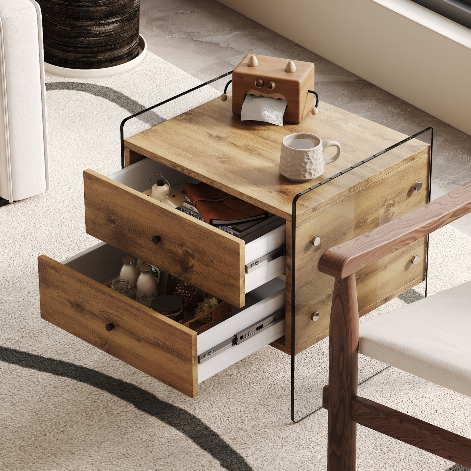 Double Drawer Bedside Table - Wood - Image 2