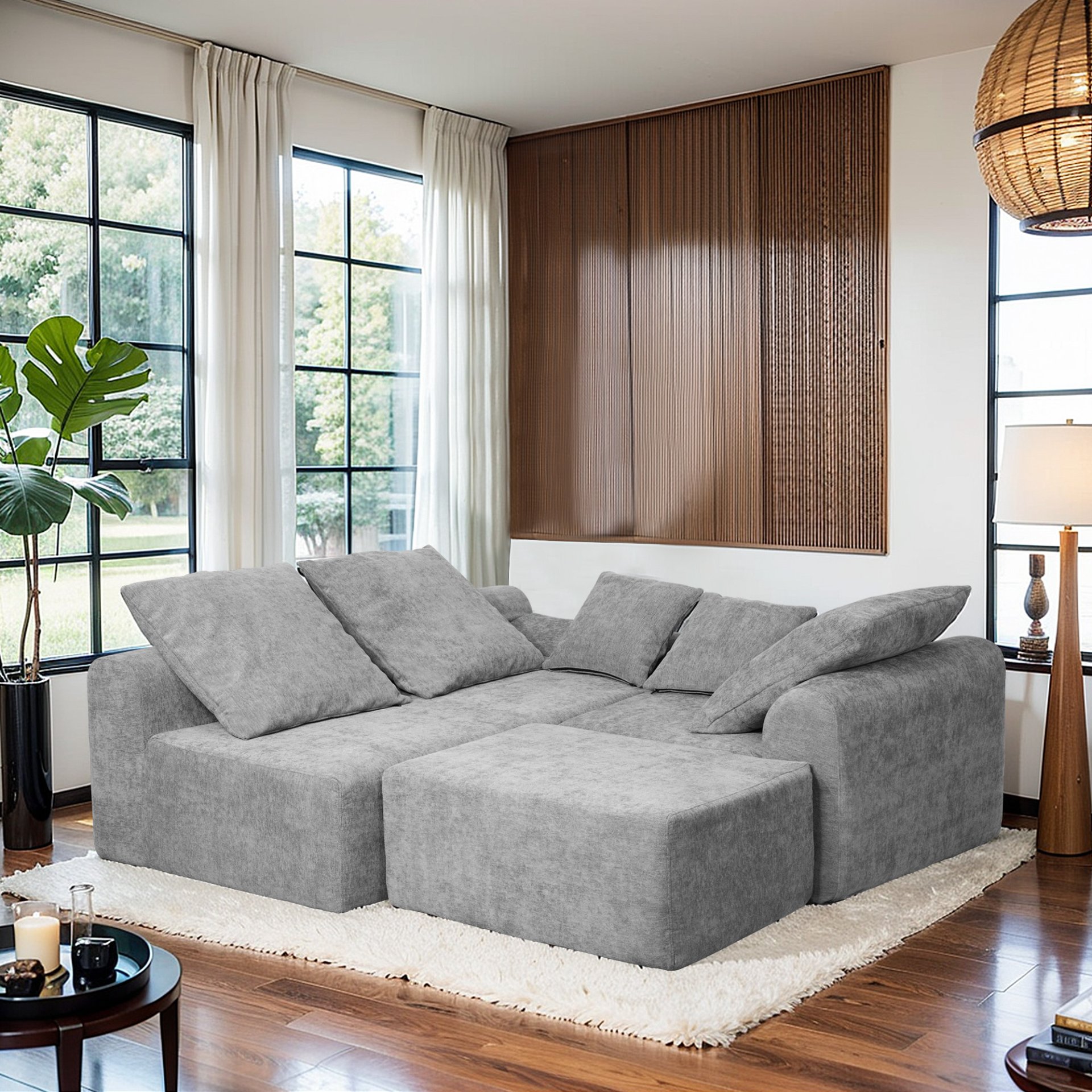 Modern L Shaped Sectional Sofa, Modular Velvet Couch With Adjustable Configurations - Gray - Image 5
