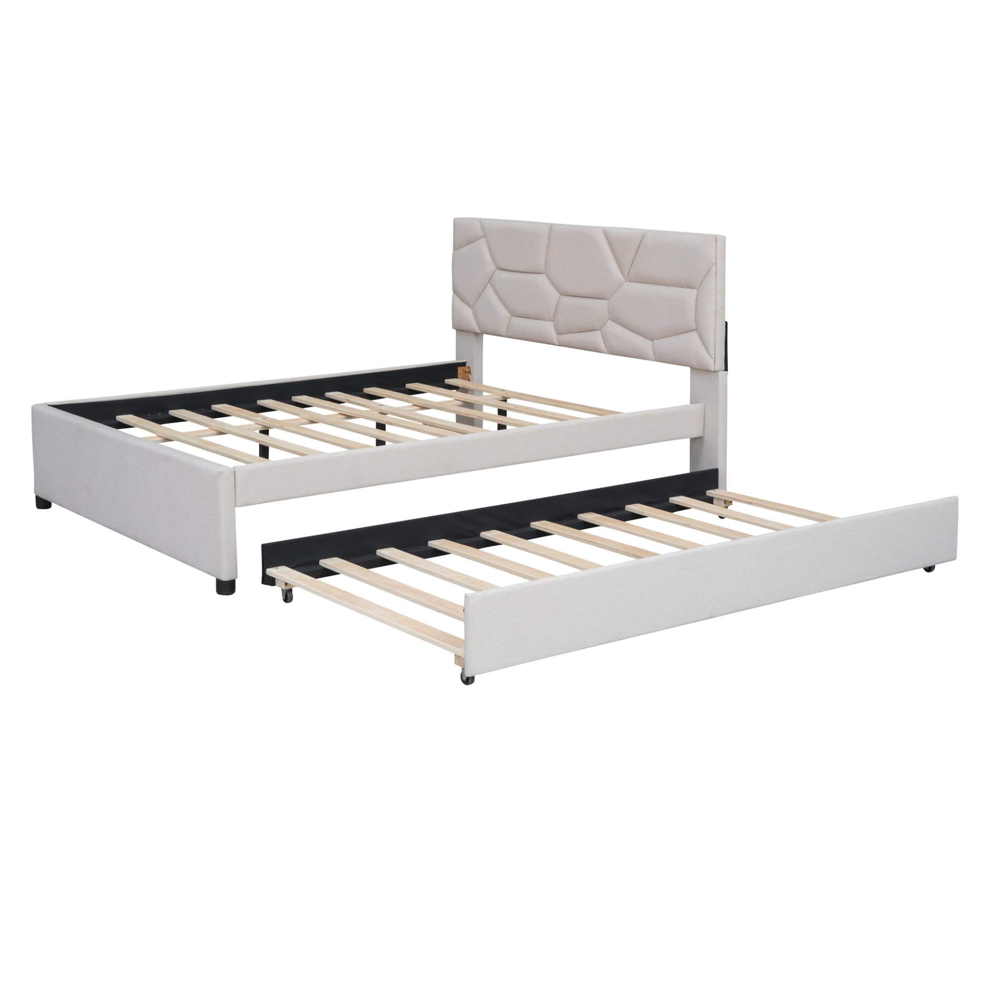 Full Size Upholstered Platform Bed With Brick Pattern Headboard And Twin Size Trundle - Beige - Image 4