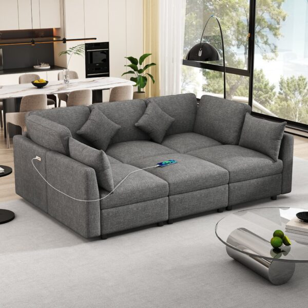 Sectional Sofa Modular Sofa U - Shaped Sofa Couch Sofa Bed L - Shaped Sofa With A Movable Ottoman And Two USB Ports For Living Room - Gray