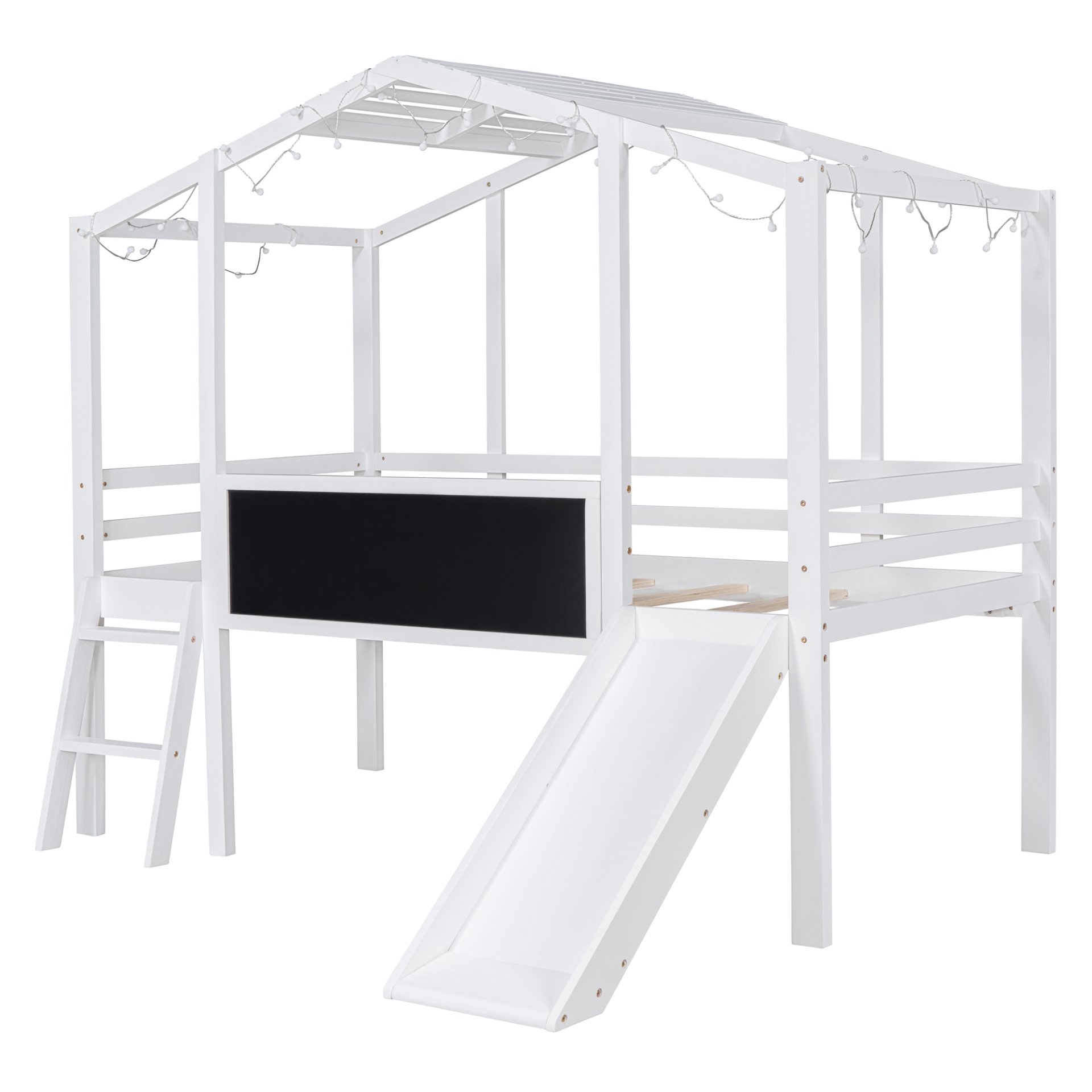 Twin Size Loft House Bed With Ladder And Slide, With Blackboard And Light Strip On The Roof - White - Image 4