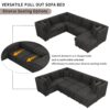 U-Shaped Sectional Sofa Pull Out Sofa Bed With Two USB Ports, Two Power Sockets, Three Back Pillows And A Storage Chaise For Living Room - Black - Image 5