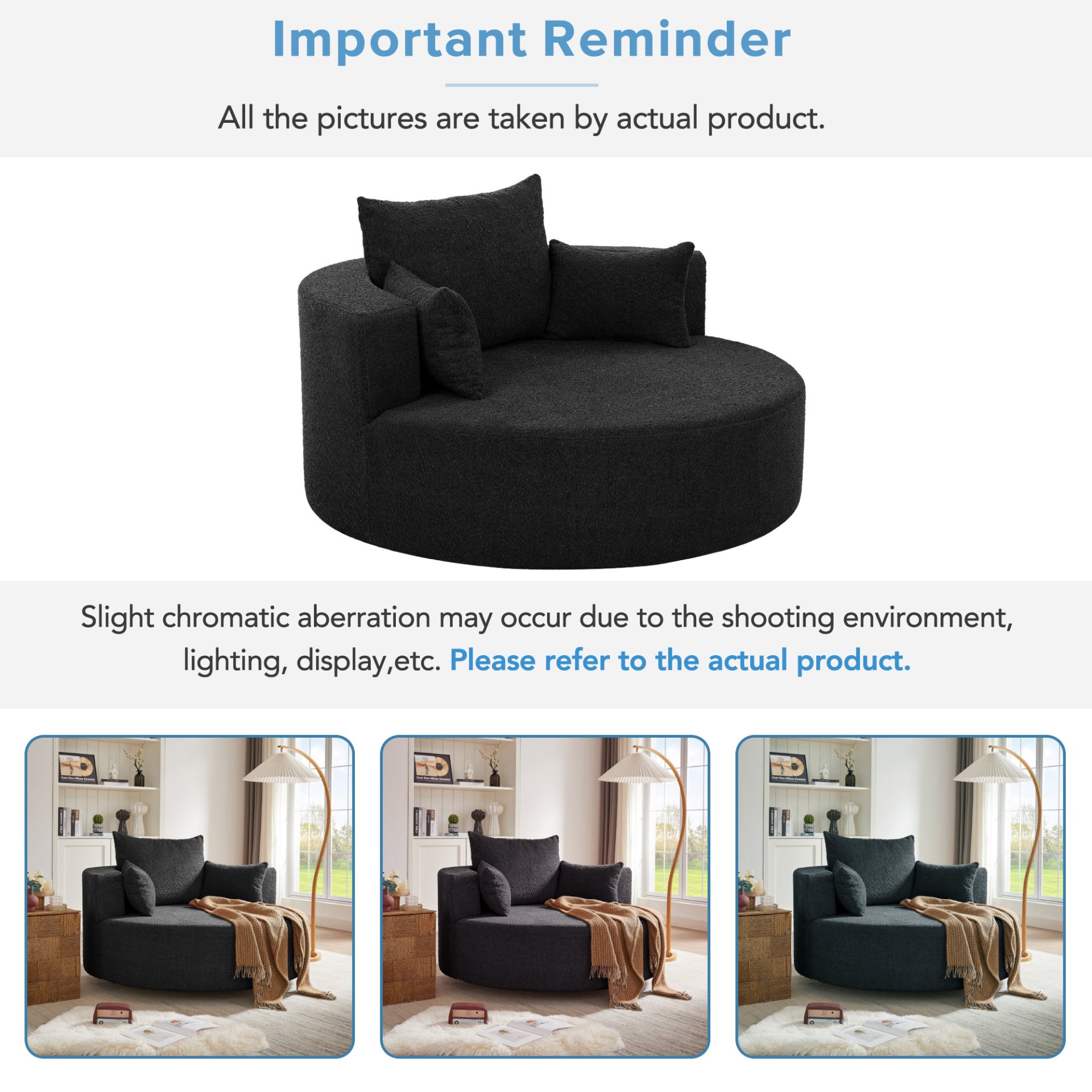 360 Degree Swivel Accent Barrel Chair With Removable Pillows - Black - Image 8
