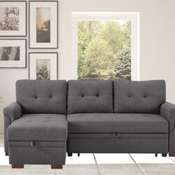 Hunter - Linen Reversible Sleeper Sectional Sofa With Storage Chaise - Dark Gray