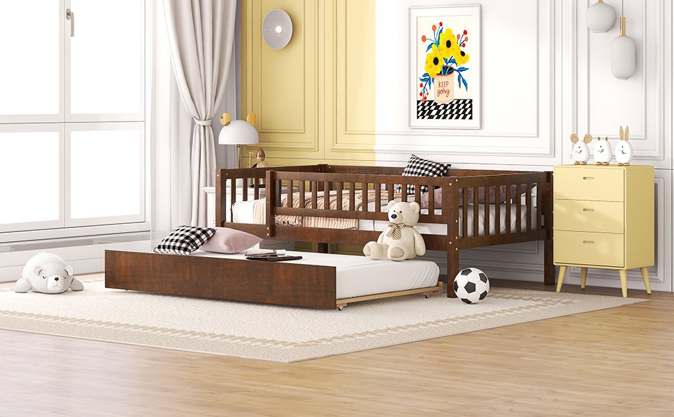 Twin Size Daybed With Trundle And Fence Guardrails - Walnut - Image 16