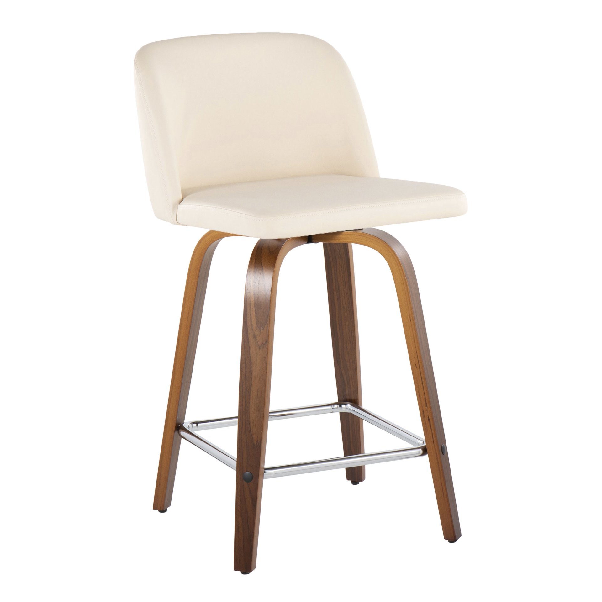 Toriano - Mid-Century Modern Fixed Height Counter Stool & Swivel And Square Footrest (Set of 2) - Walnut / Cream - Image 2