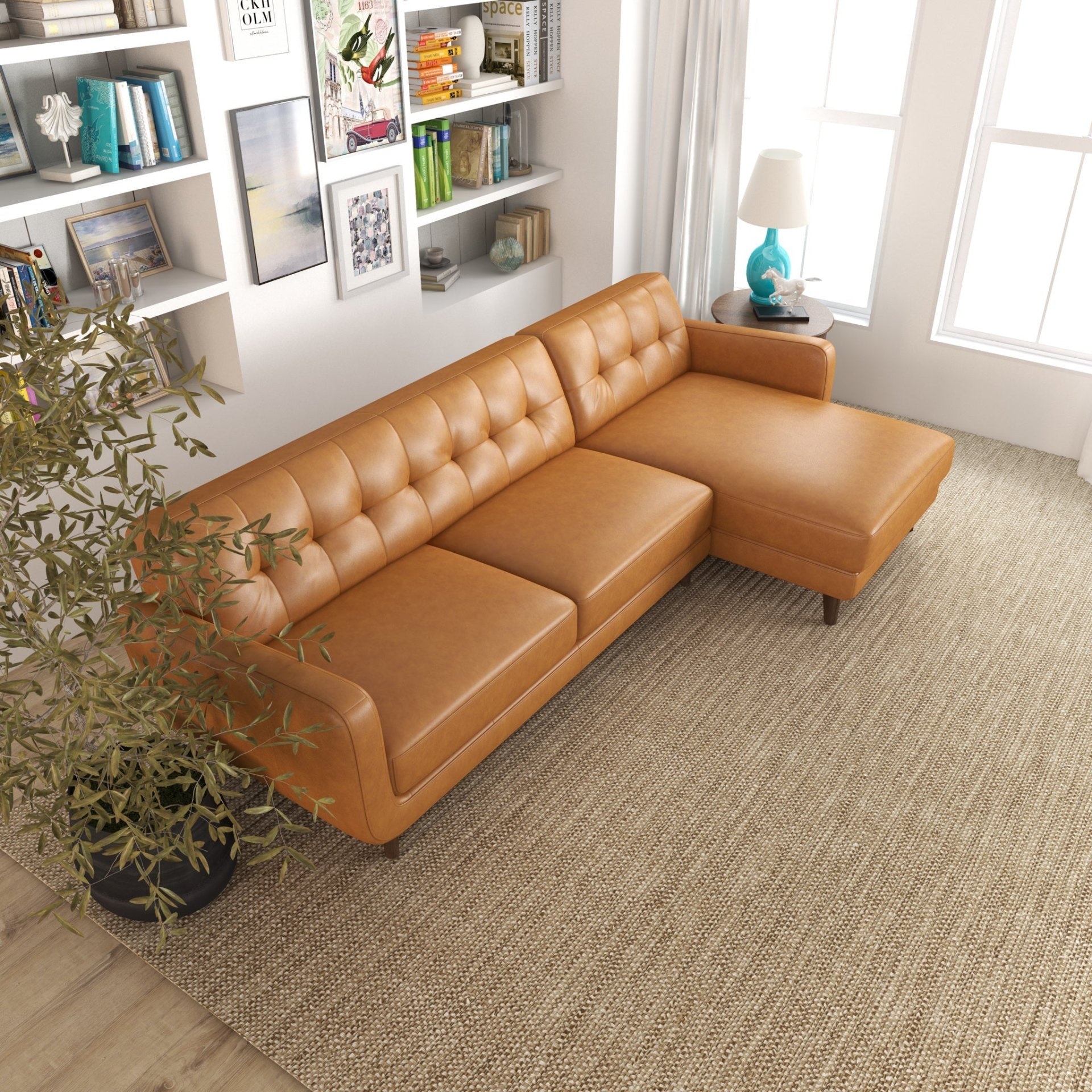 Allison - Right Facing Leather Sectional Sofa - Tan - Image 10