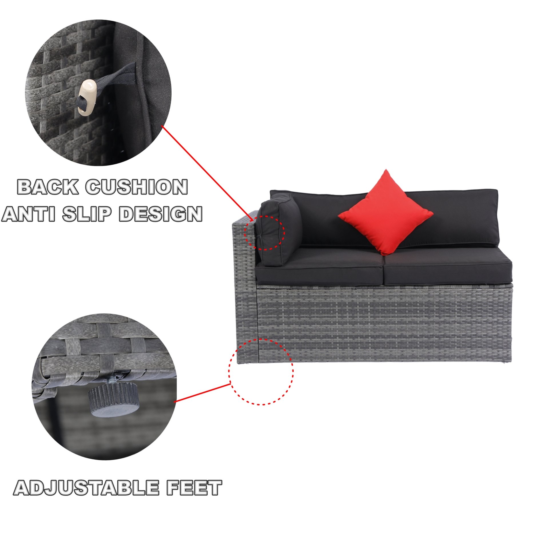 5 Pieces Rattan Sectional Outdoor Furniture Cushioned U Sof Set With 2 Pillow - Gray / Black - Image 12