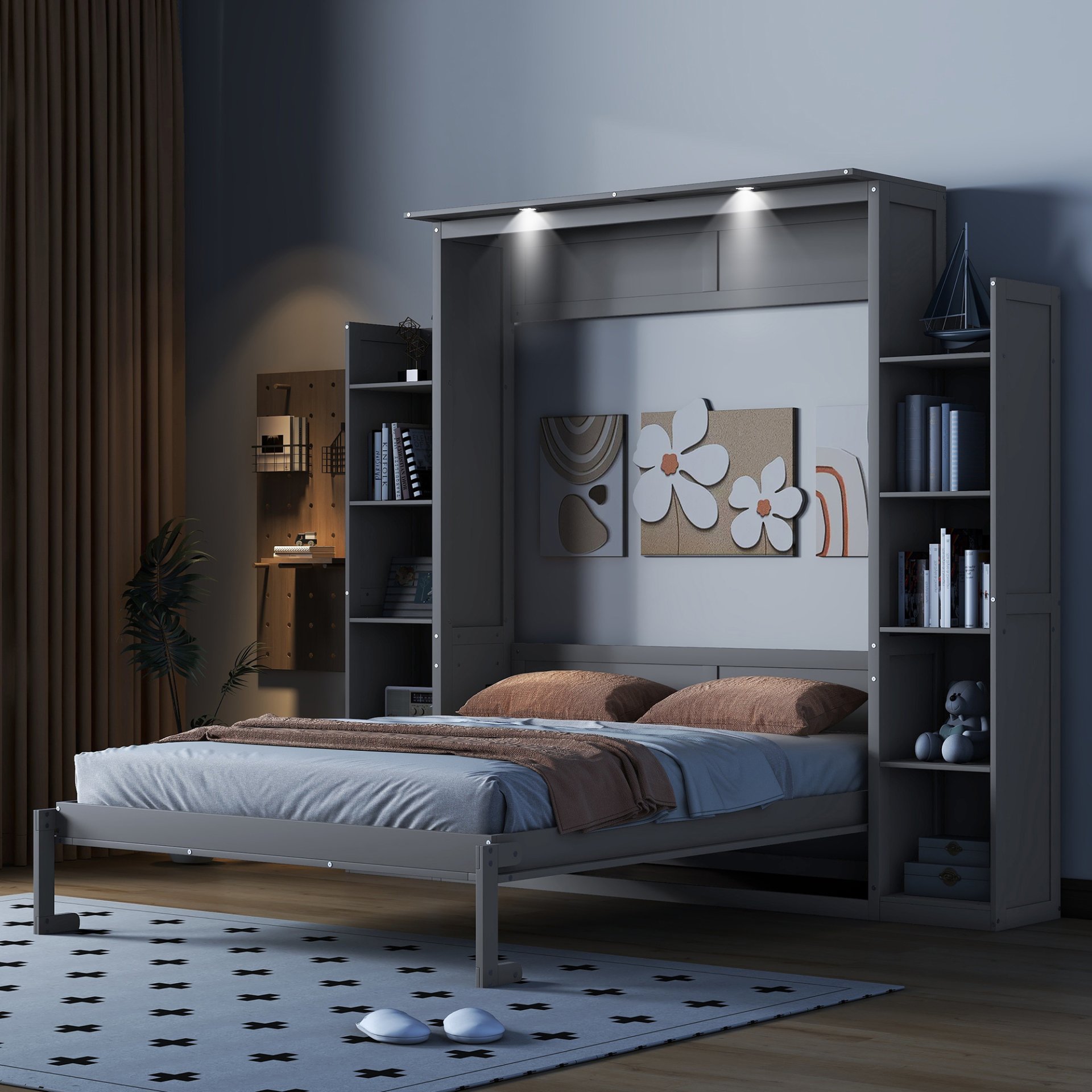 Queen Size Murphy Wall Bed With Shelves And LED Lights - Gray - Image 4