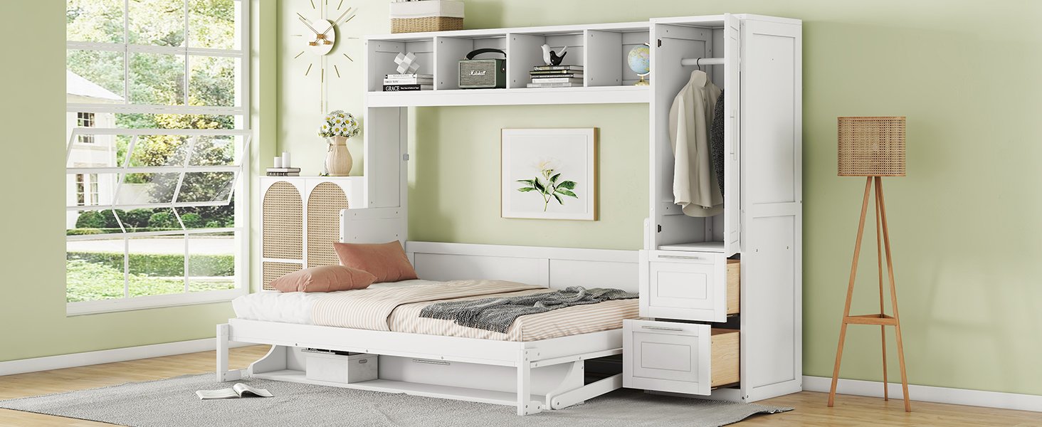 Full Size Murphy Wall Bed With Closet And Drawers - White - Image 21