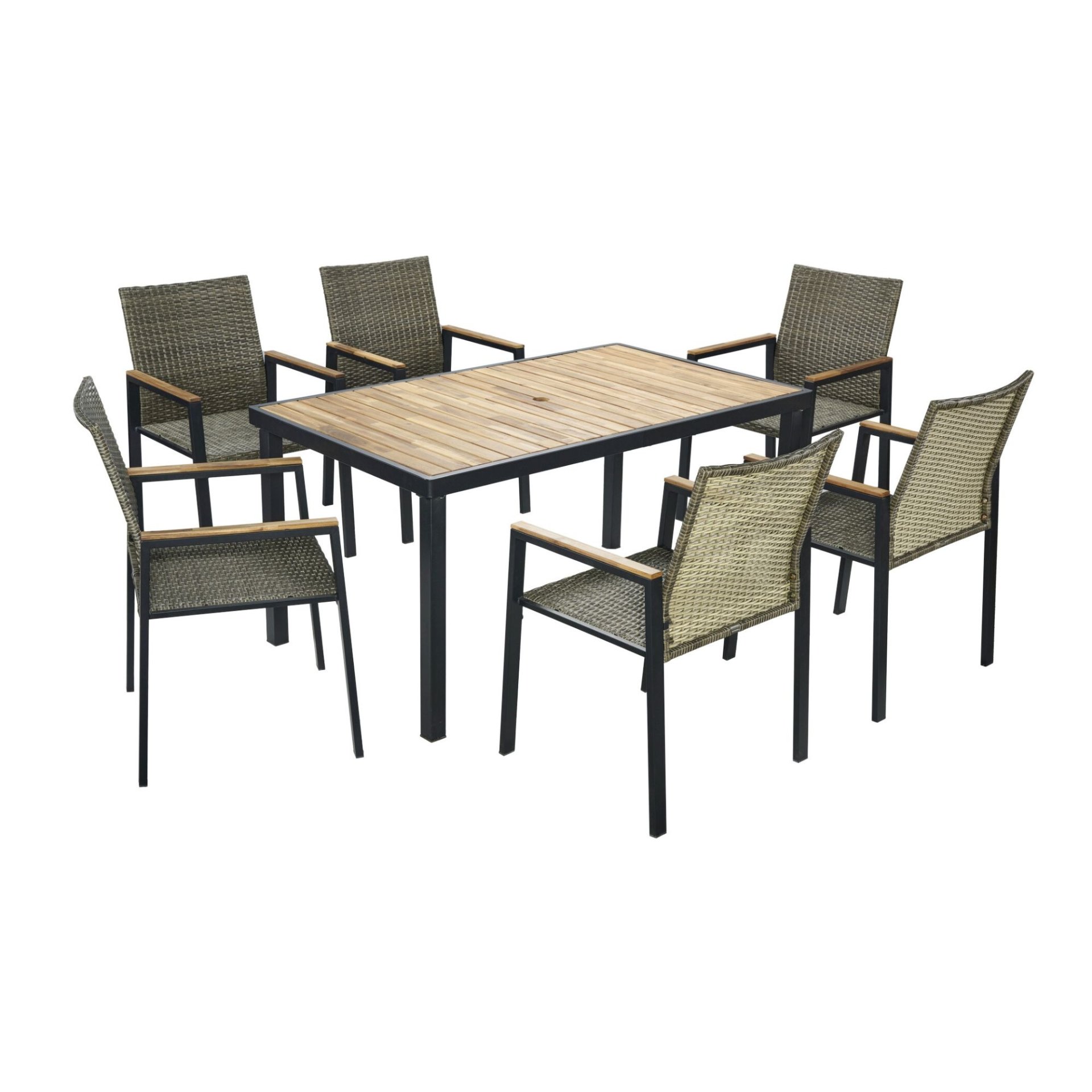 All Weather 7 Piece Patio Dining Table Set With Umbrella Hole - Brown / Gray - Image 14