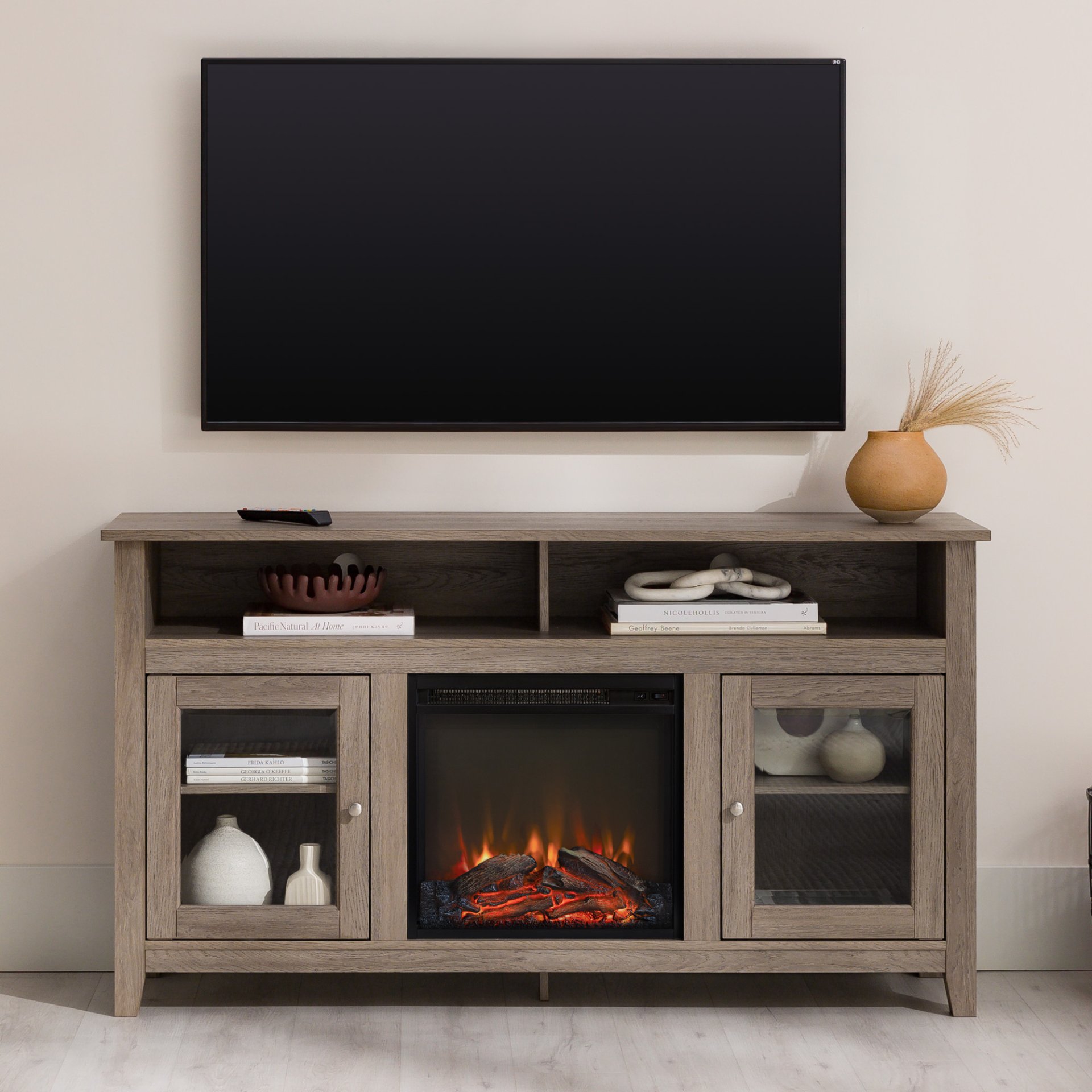 Classic Glass Door Fireplace Tall TV Stand For TVs Up To 65" - Driftwood - Image 2