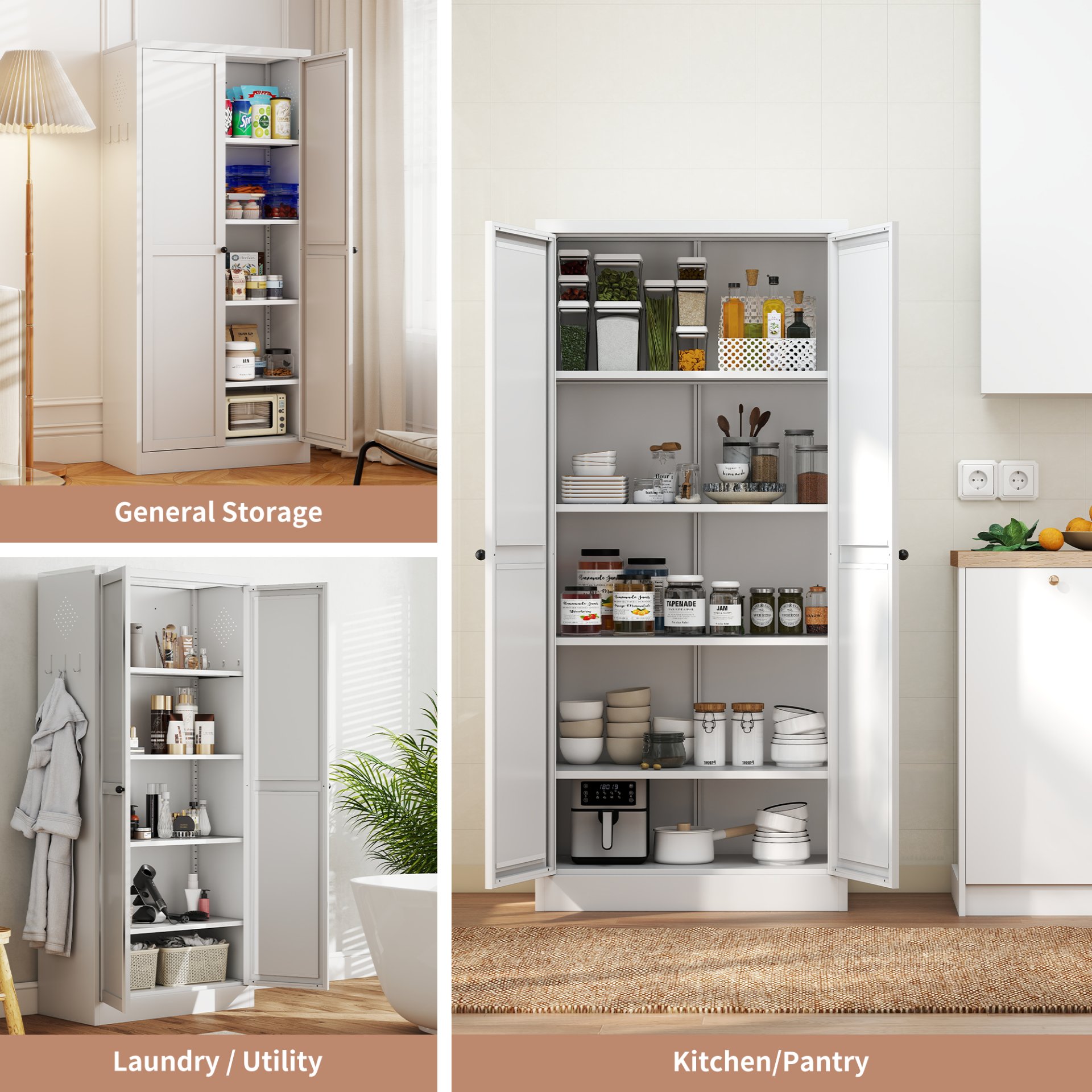 Metal Kitchen Pantry Cabinet With Adjustable Storage And 4 Heavy Duty Shelves - White - Image 9