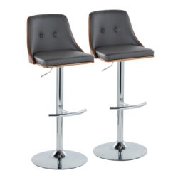 Gianna - Mid-Century Modern Adjustable Barstool With Swivel With Rounded T Footrest (Set of 2) - Chrome / Walnut / Gray