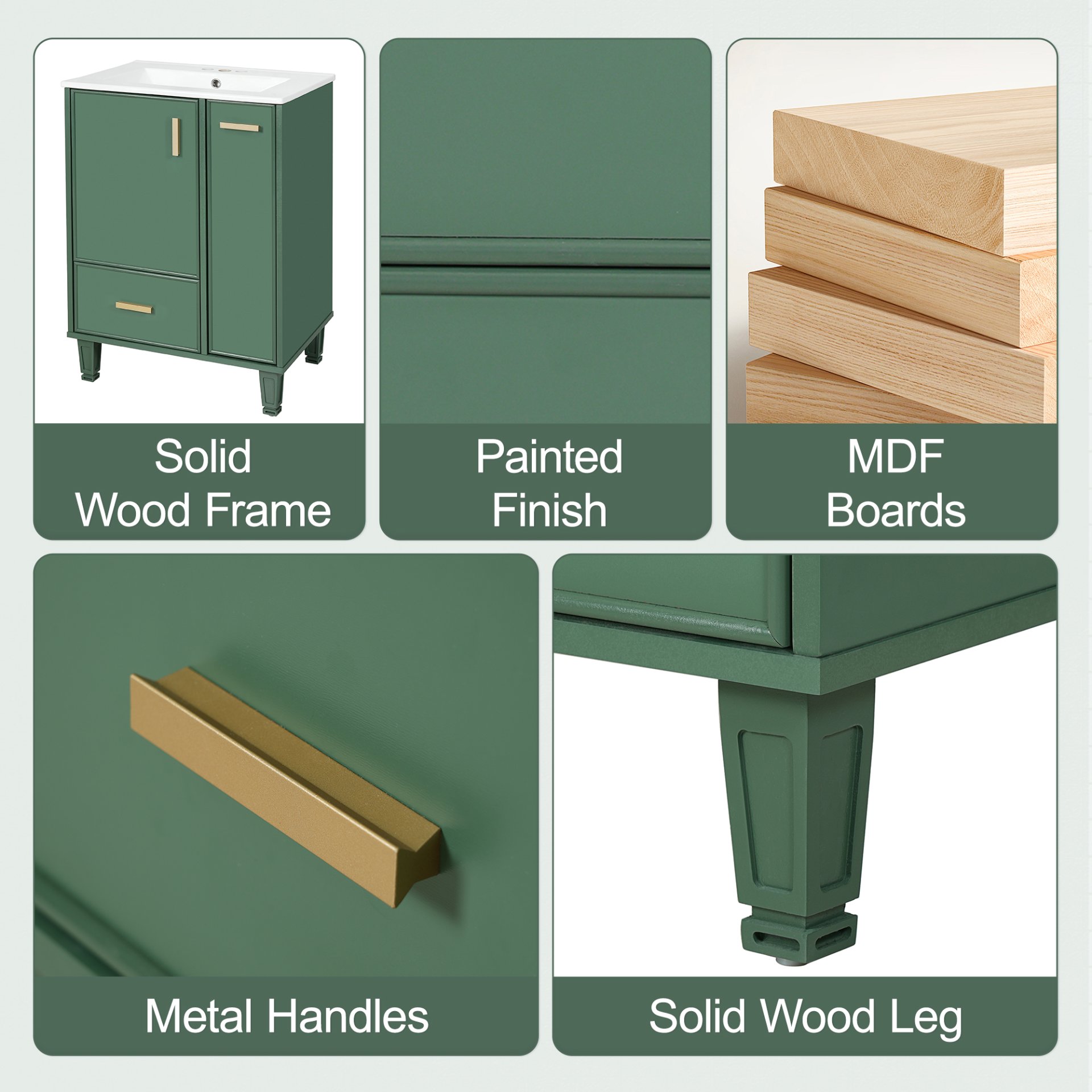 Solid Wood And 24" Bathroom Vanity With Sink, Deep Drawer, Door Shelf, 2 Tier Basket - Green - Image 7